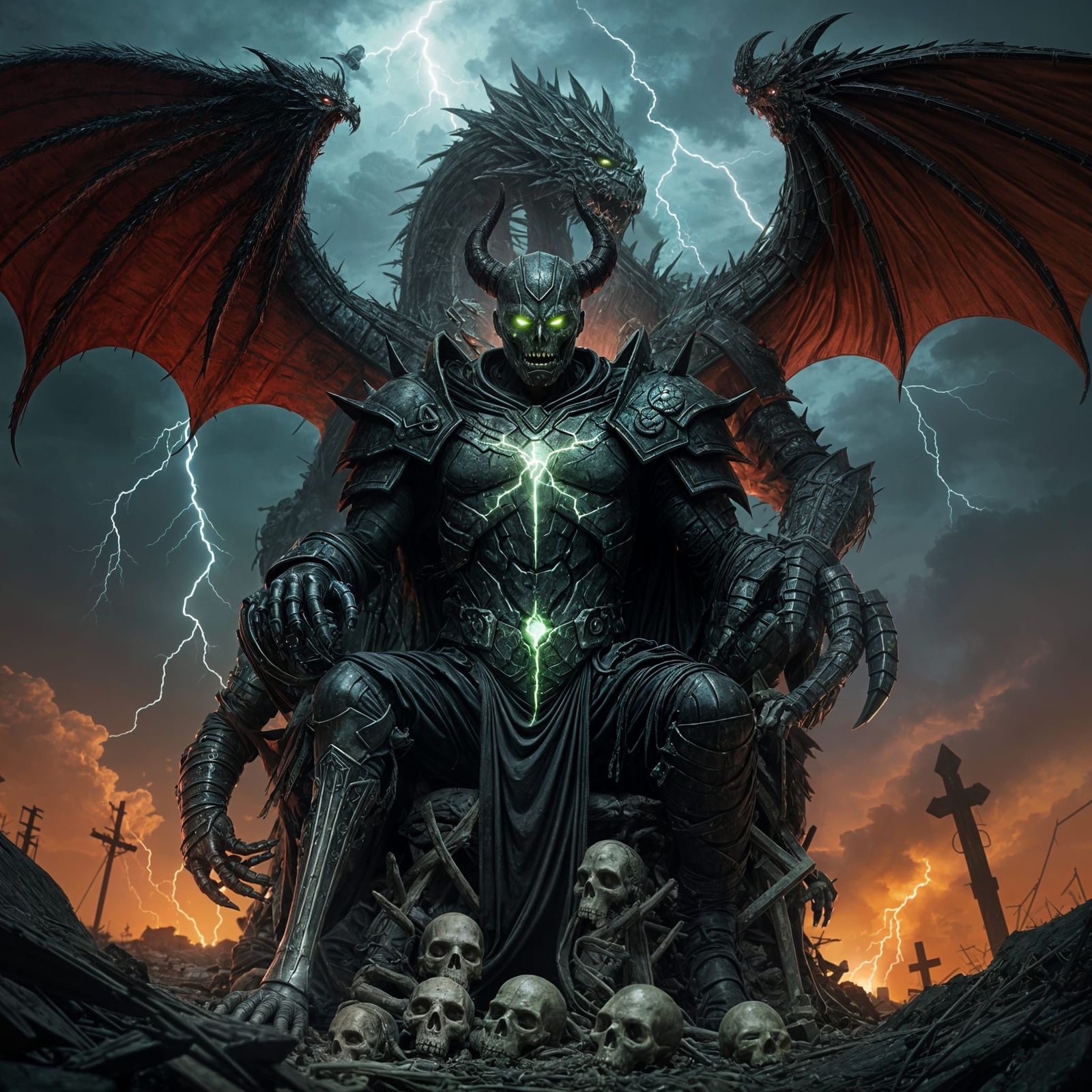 Zombie Overlord in Cracked Obsidian Armor Under Green Lightn...