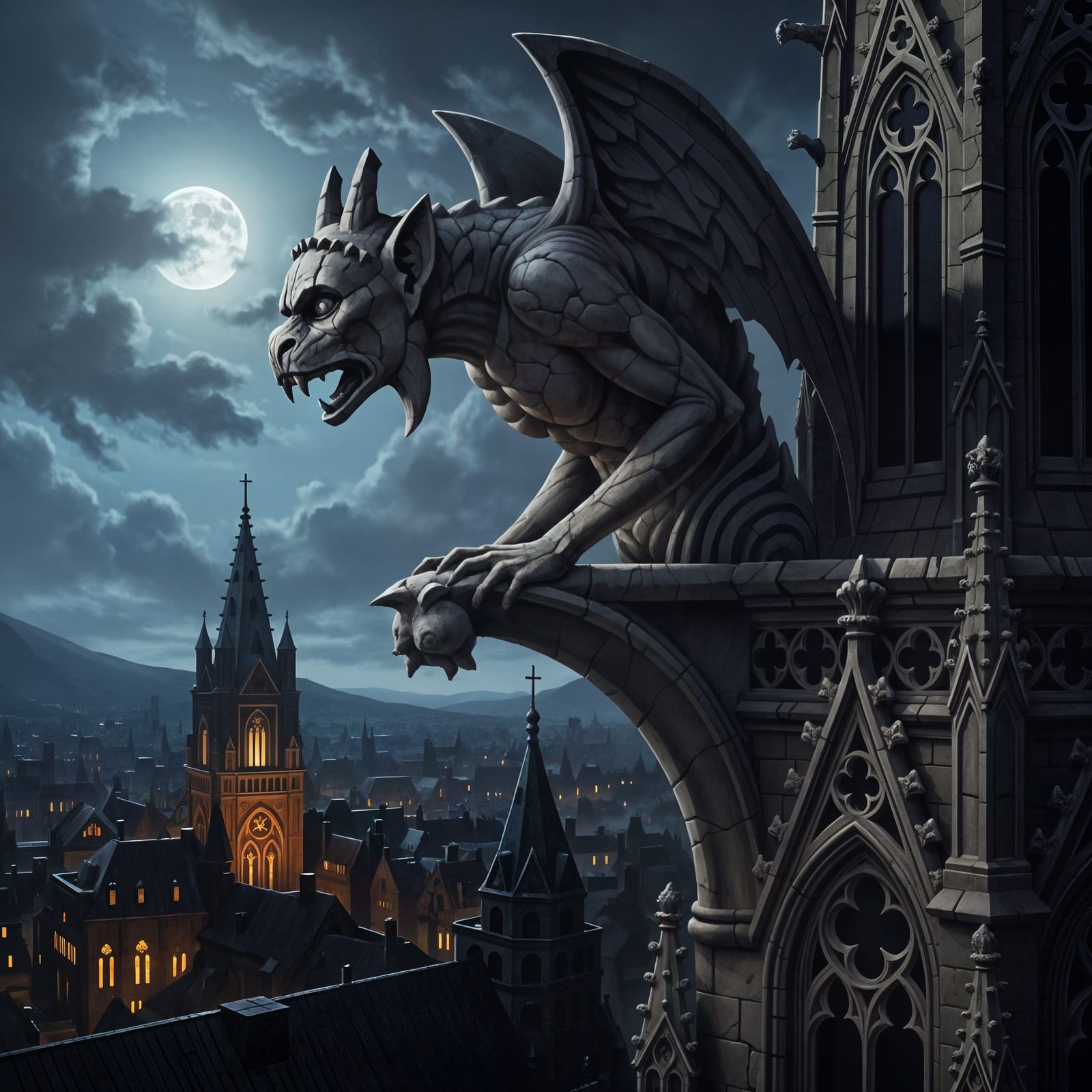 Colossal Gargoyle on Gothic Cathedral Spire at Night