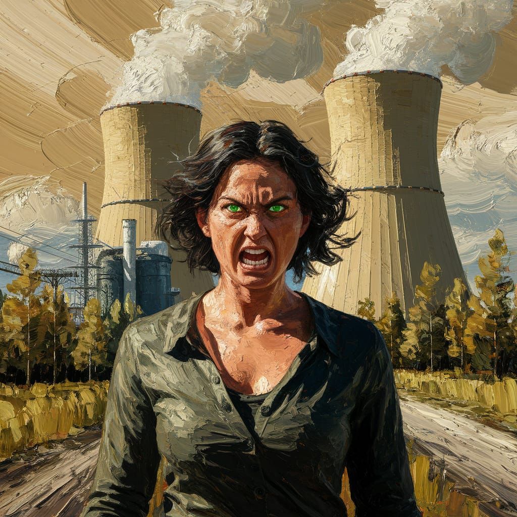 Fierce Woman Confronts Industrialization in Oil on Canvas