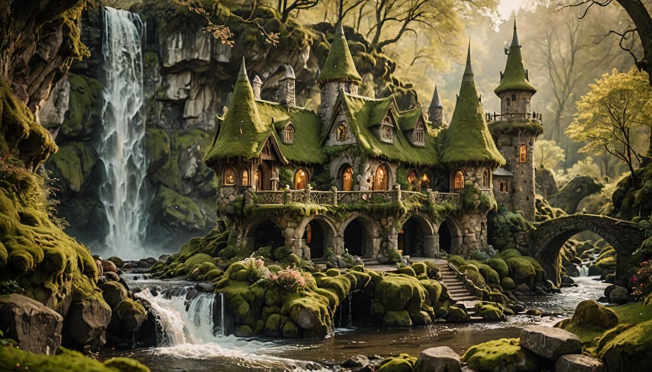 Elven House Near Waterfall in Fantasy Architecture