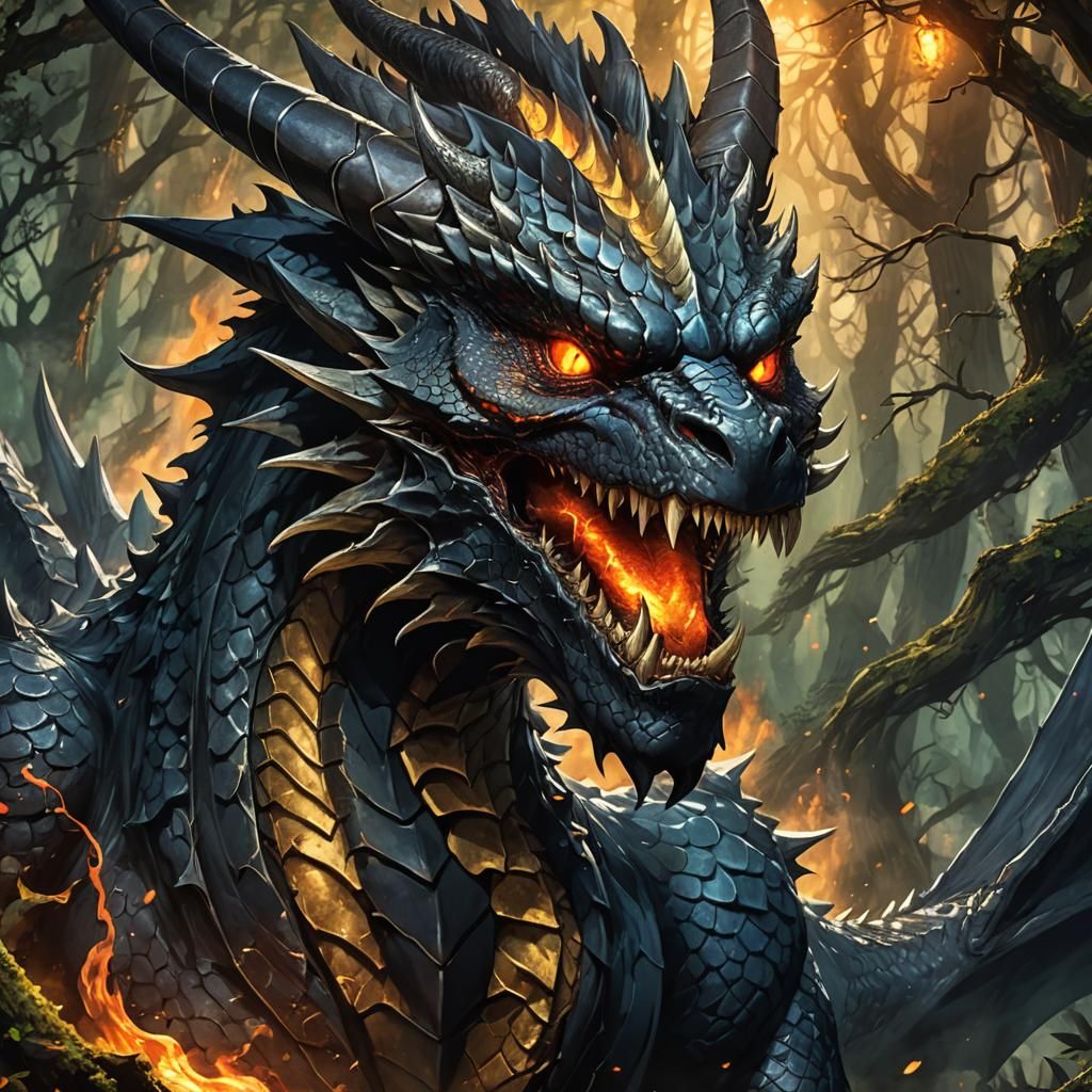 Dark Dragon Roaring in Ancient Forest: Manga Style
