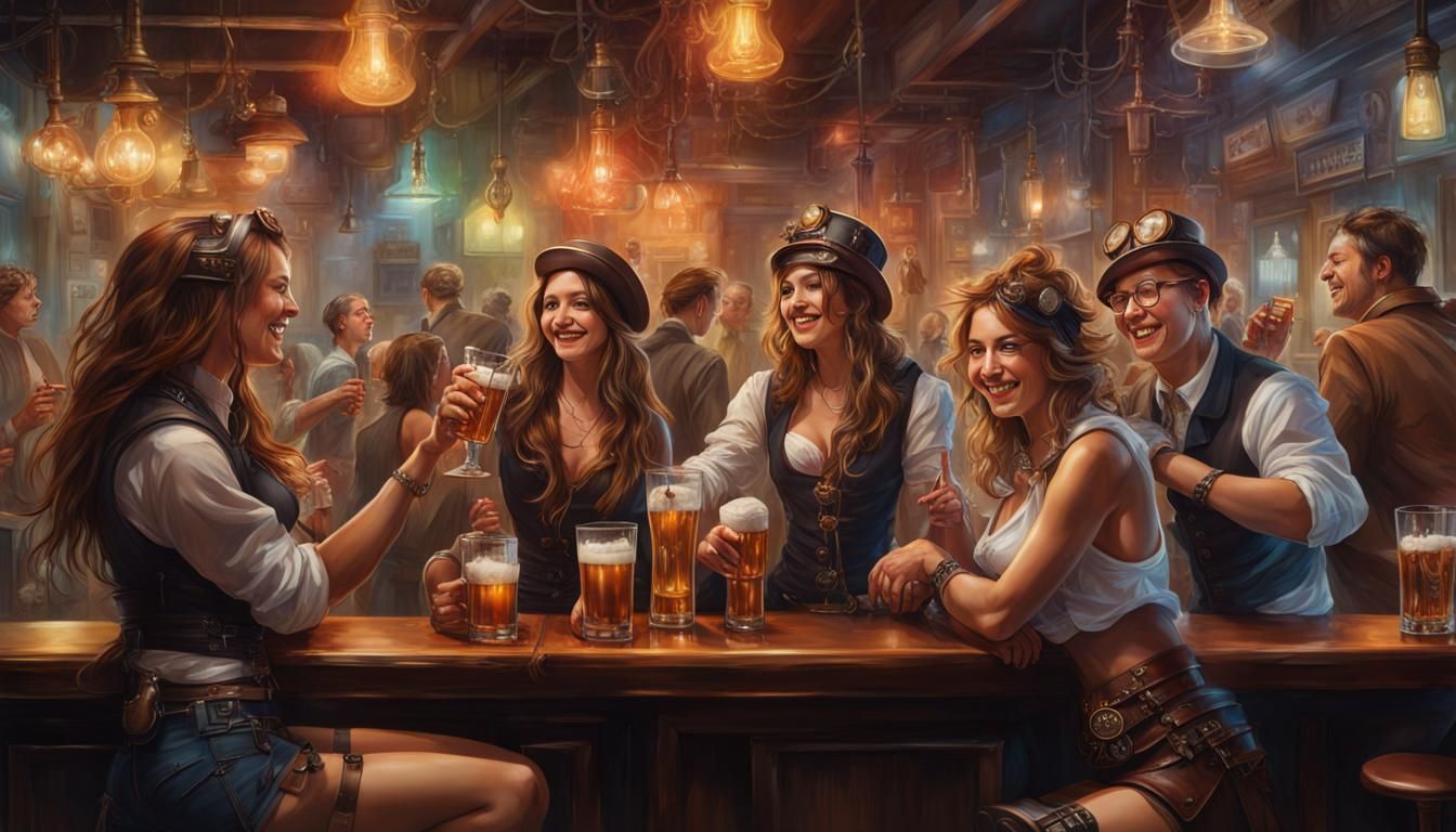 Steampunk Bartender Serves Drinks Amidst Colorful Splashes