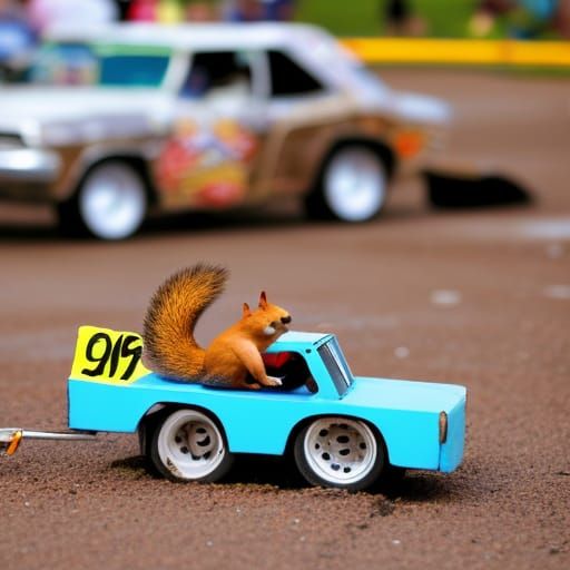 Cartoon Squirrel Pit Crew at Demolition Derby