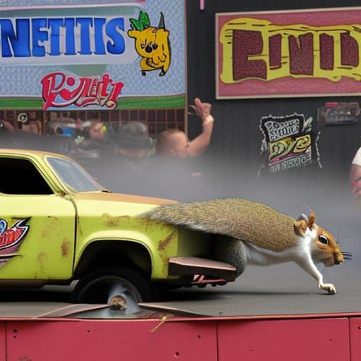 Cartoon Squirrel Pit Crew at Demolition Derby