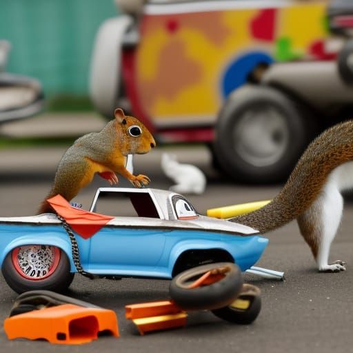 Cartoon Squirrel Pit Crew at Demolition Derby