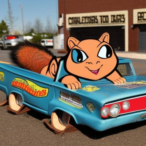 Cartoon Squirrel Pit Crew at Demolition Derby