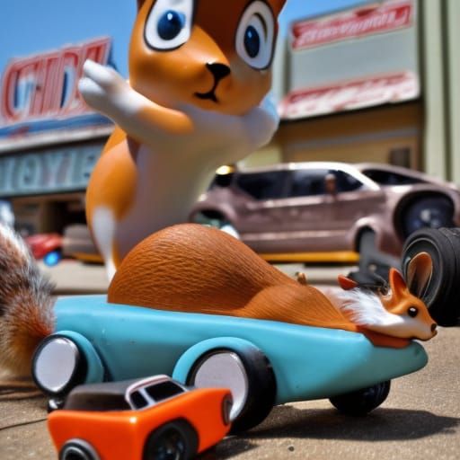 Cartoon Squirrel Pit Crew at Demolition Derby