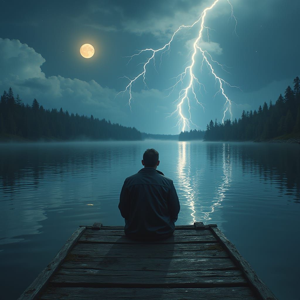 Hyperrealistic Pier Scene with Lightning Reflections