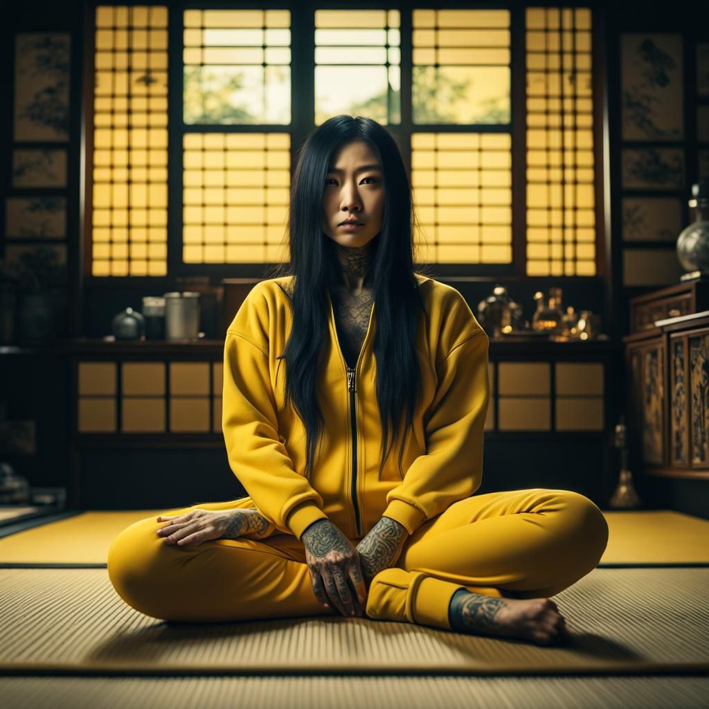 Tattooed Woman in Tracksuit on Tatami Mat