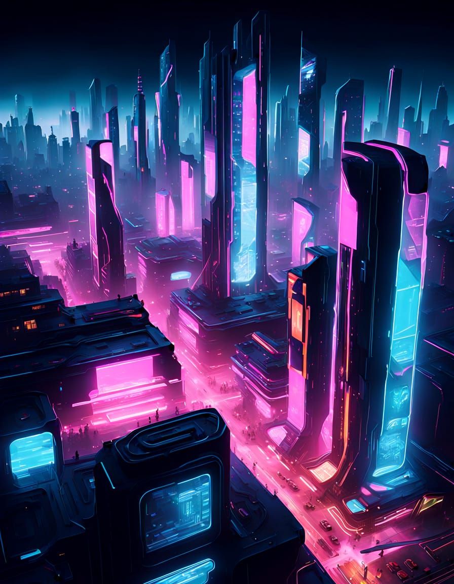 Cyberpunk Cityscape at Night with Neon Lights