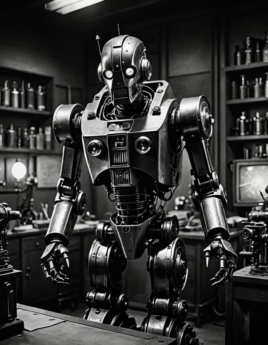 Vintage Sci-Fi Robot Unleashed in Retro Horror Lab