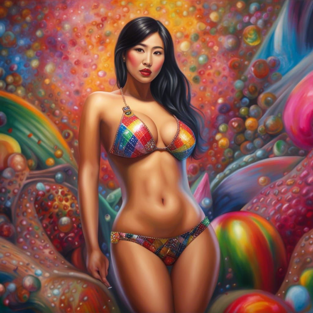 Asian Woman in Diamond Swimsuit: Hyperrealistic Oil Painting