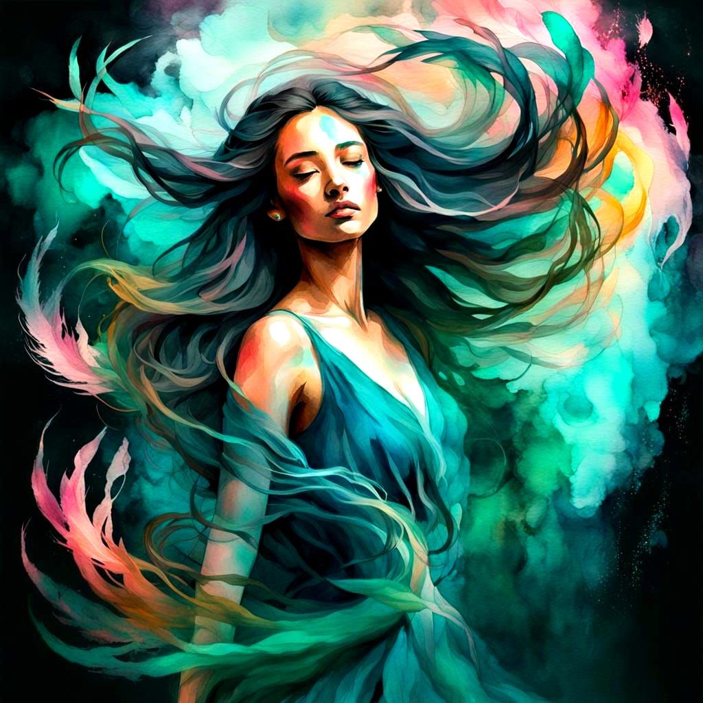 Watercolor Double Exposure Portrait of a Woman