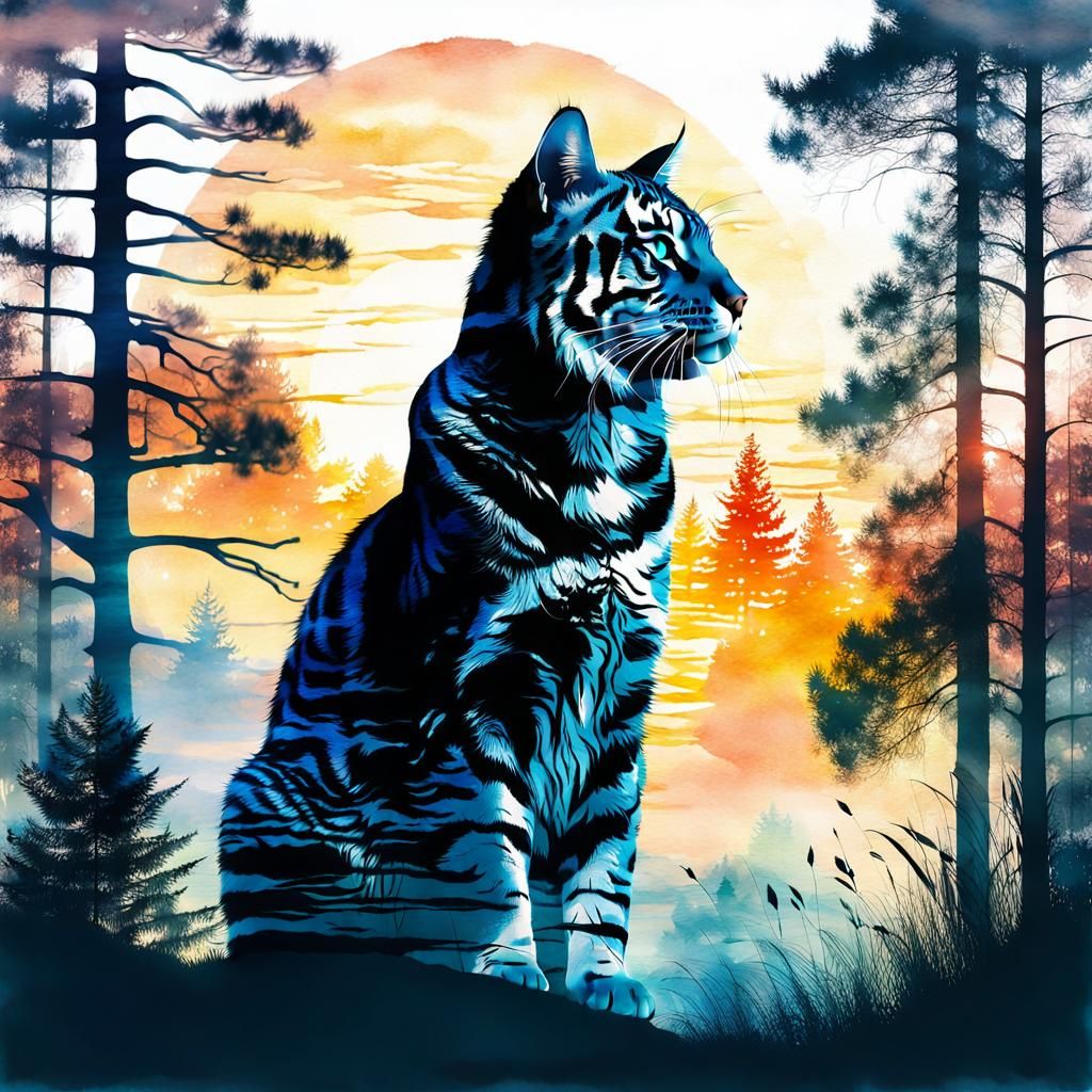 Cat and Tiger Double Exposure in Watercolor