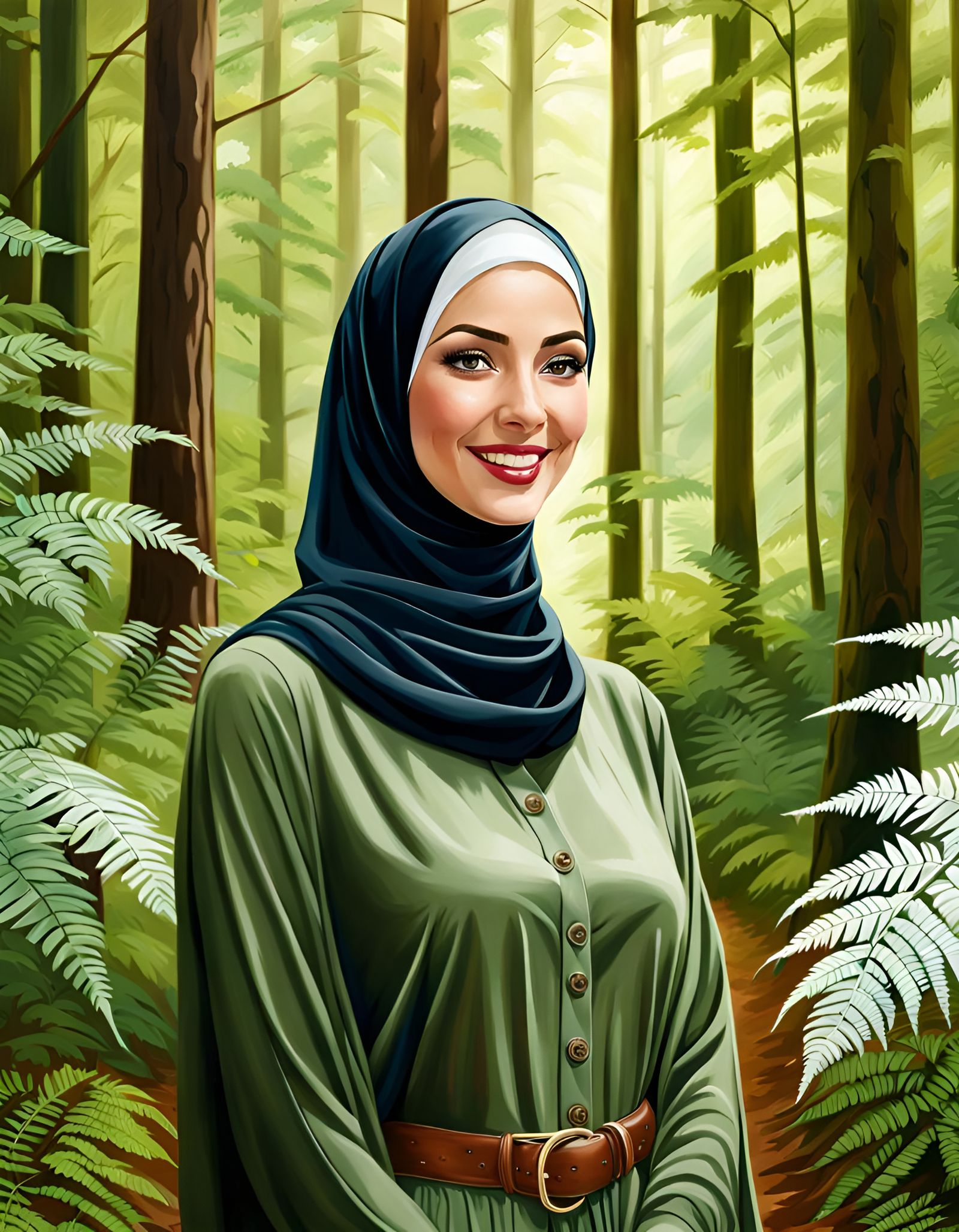 Elegant Hijabi Woman in Forest, Realistic Oil Painting