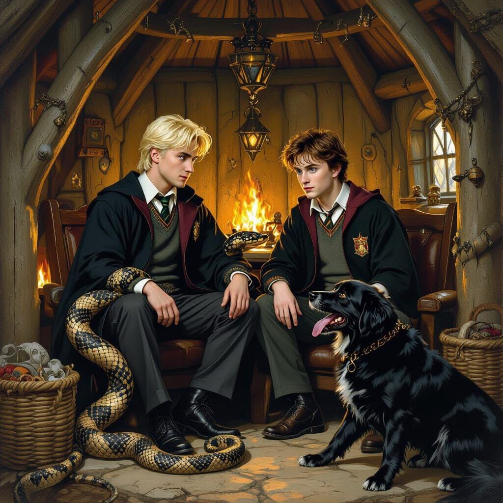 Harry Potter and Draco in Hagrid's Hut, Fantasy Art