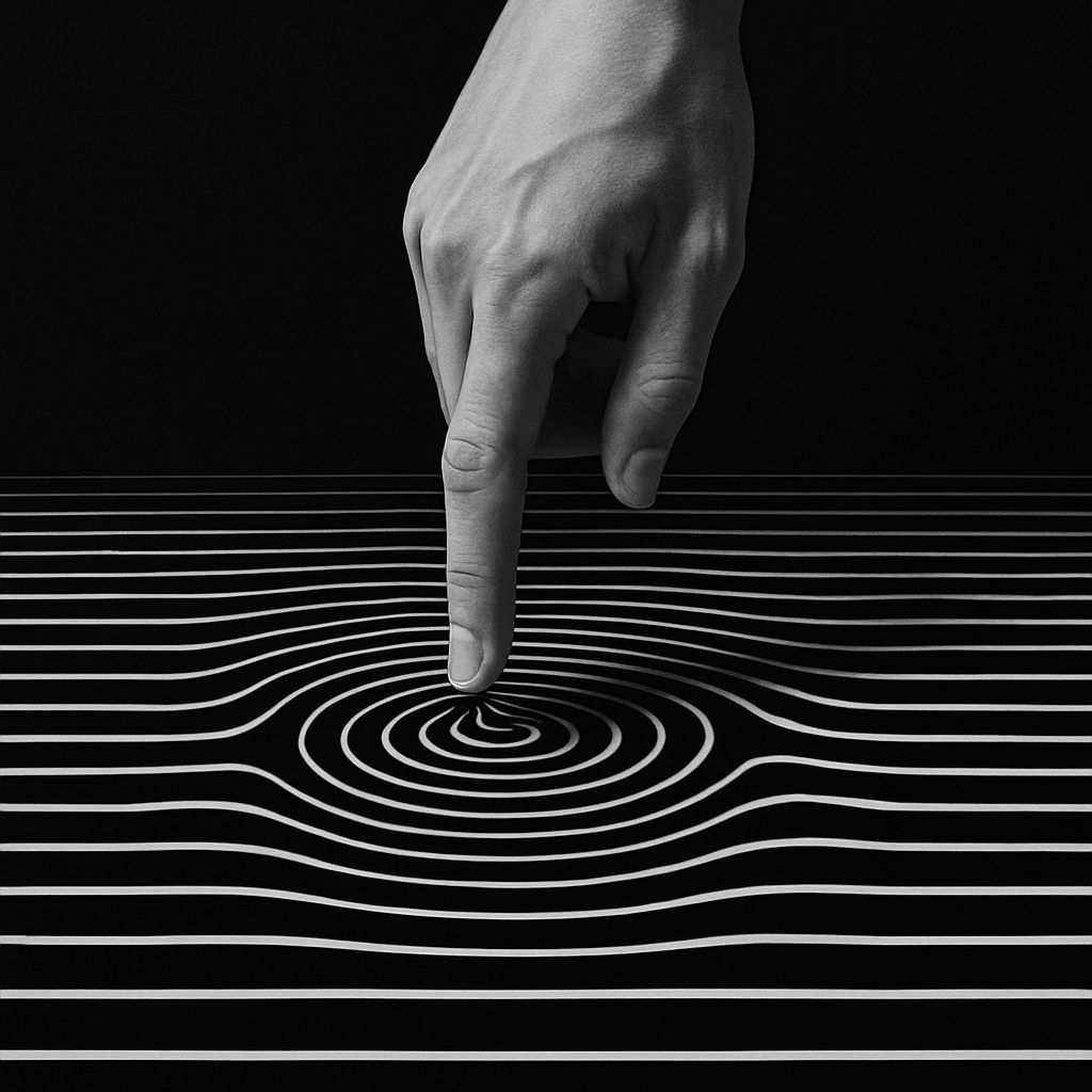 Surreal Black and White Optical Illusion: Hand Touching Ripp...