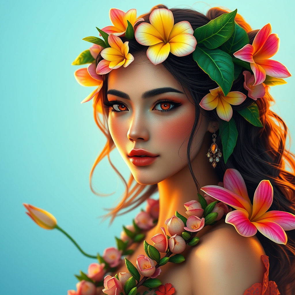 Hawaiian Flower Fantasy Girl in Art Nouveau Style