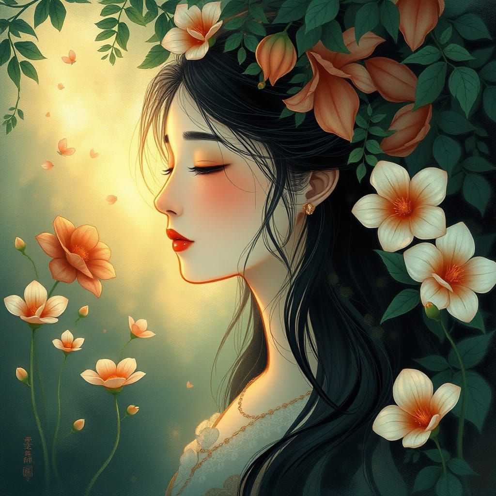 Serene Goddess in Whimsical Forest Landscape