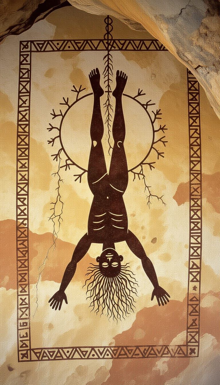 Ancient Cave Art: Figure Hanging from Roots