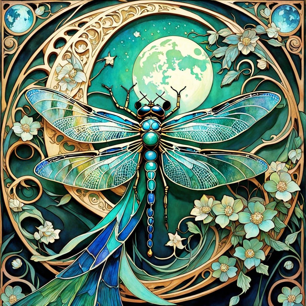 Art Nouveau Dragonfly in Crescent Moon, Elegant and Dreamy