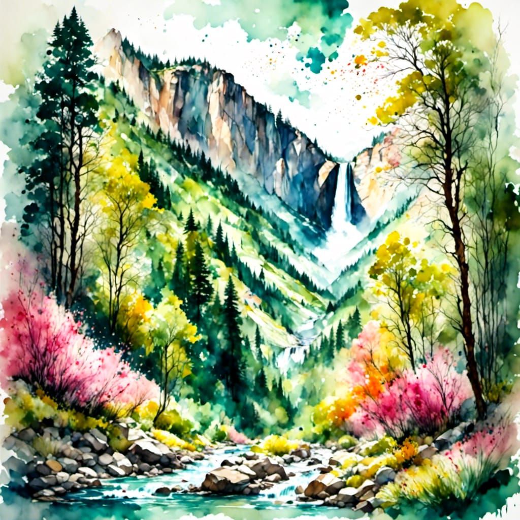 Yosemite Falls in Spring: Watercolor Painting