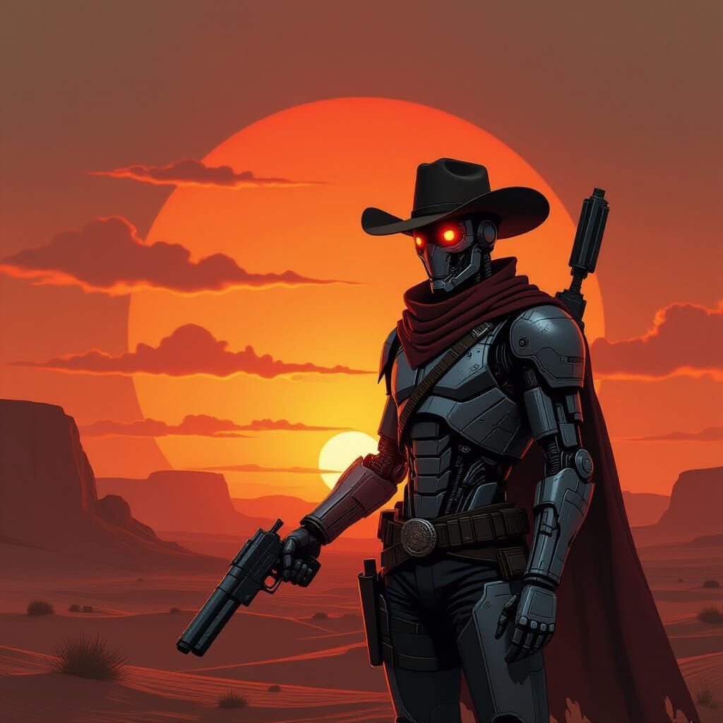 Cyborg Cowboy Silhouette on Mars in Charcoal Style