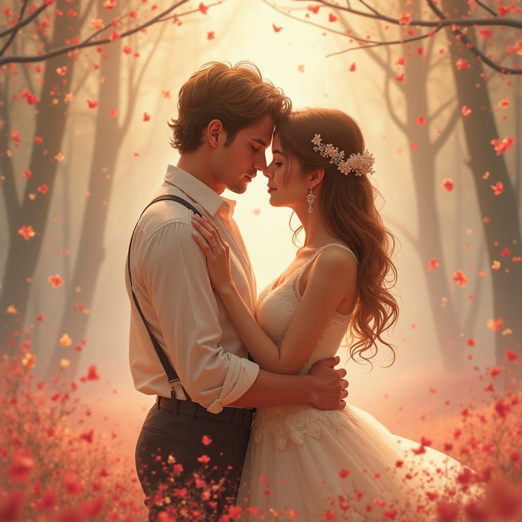 Dreamy Couple Embracing in Whimsical Watercolor Style
