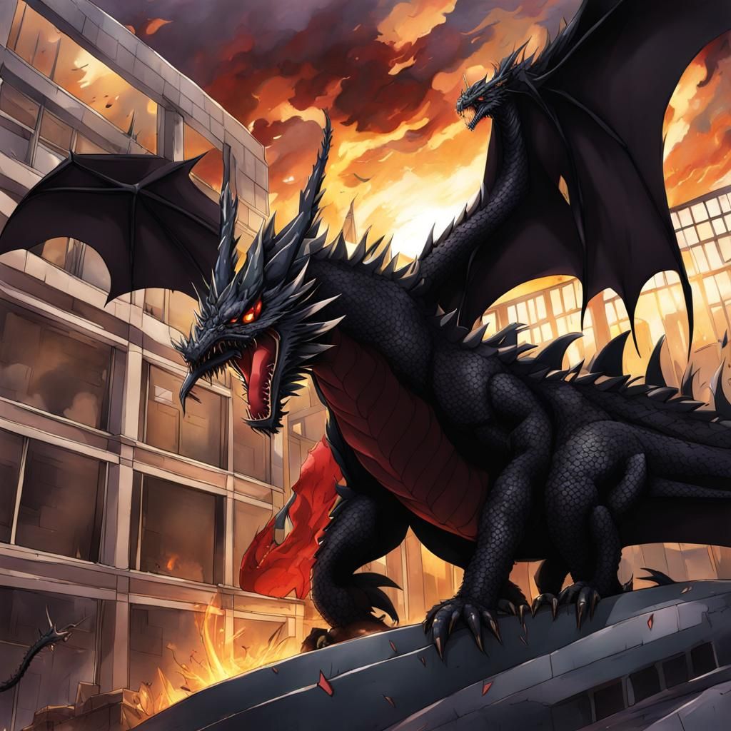 Angry Black Dragon Destroys Hospital in Anime Style