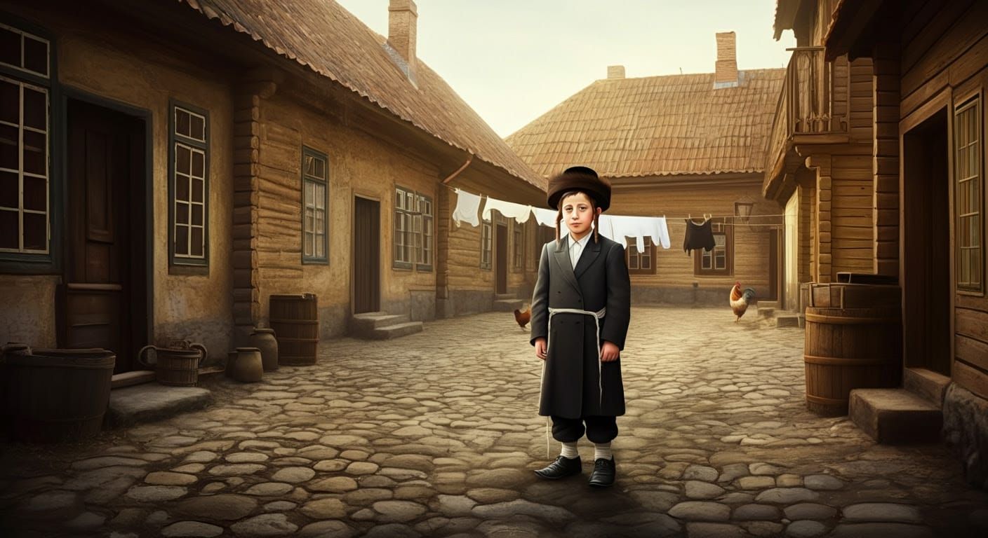 Hasidic Boy in Shtetl Courtyard, Photorealistic Digital Art
