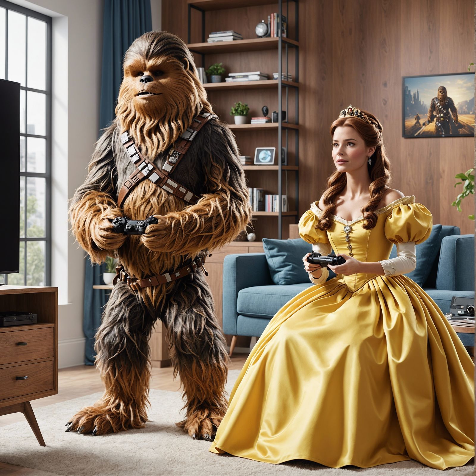 Cartoon Royal Woman Gaming with Furry Creature