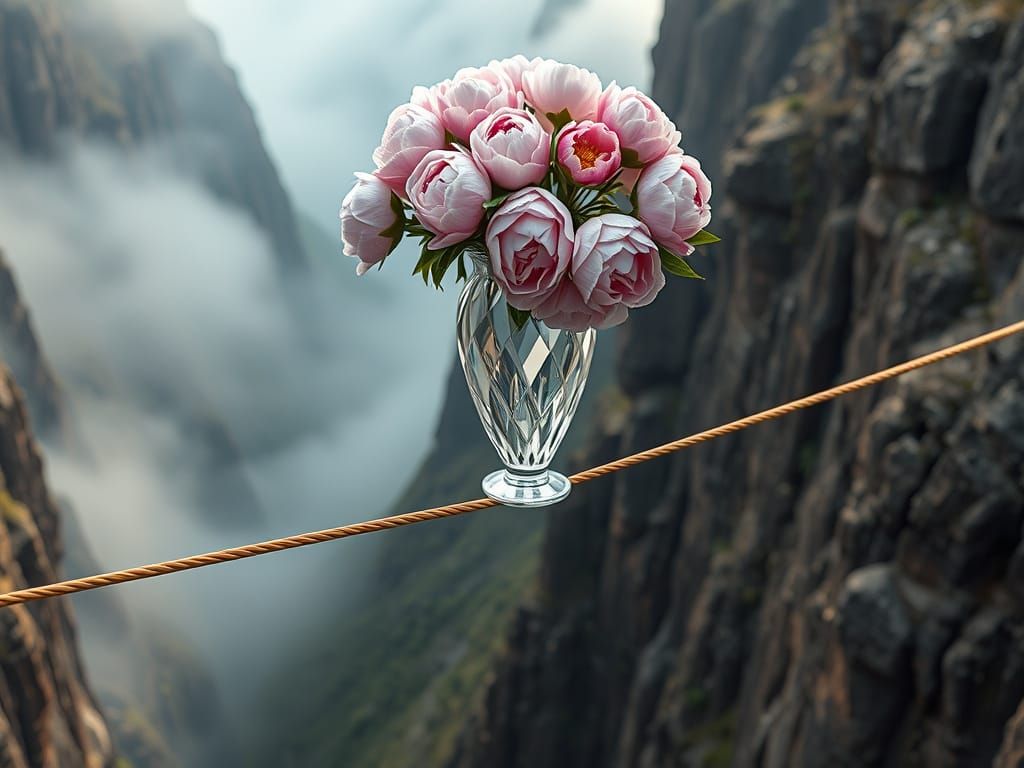 Hyperrealistic Peonies Dangle Over a Futuristic Gorge
