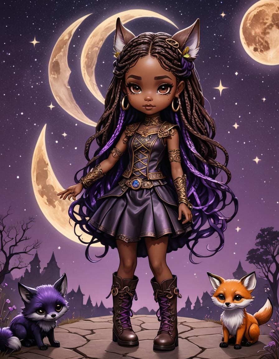 Chibi Girl with Fox Ears in Cosmic Gothic Style