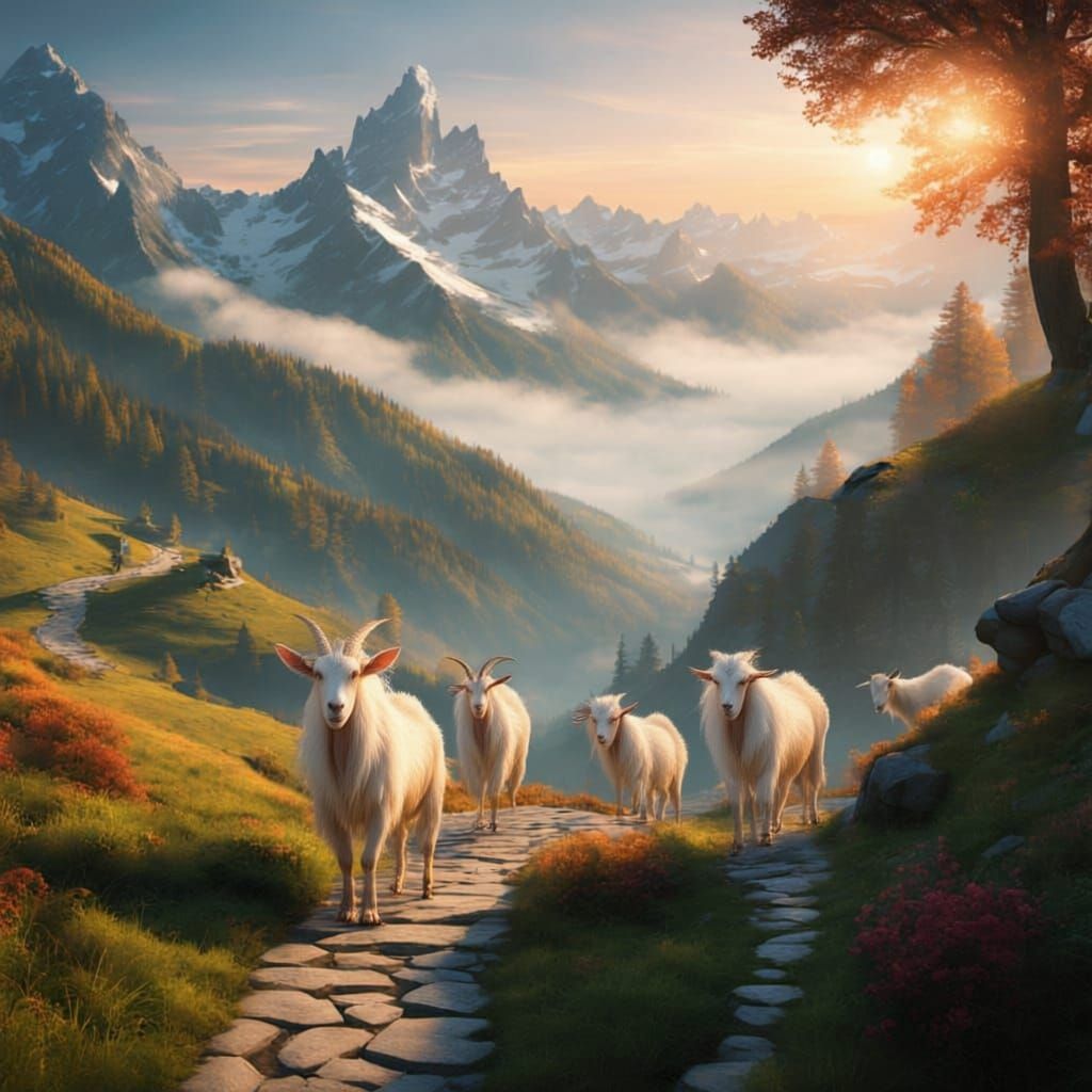 Fantasy Goats Carry Elves Through Foggy Swiss Alps At Dawn