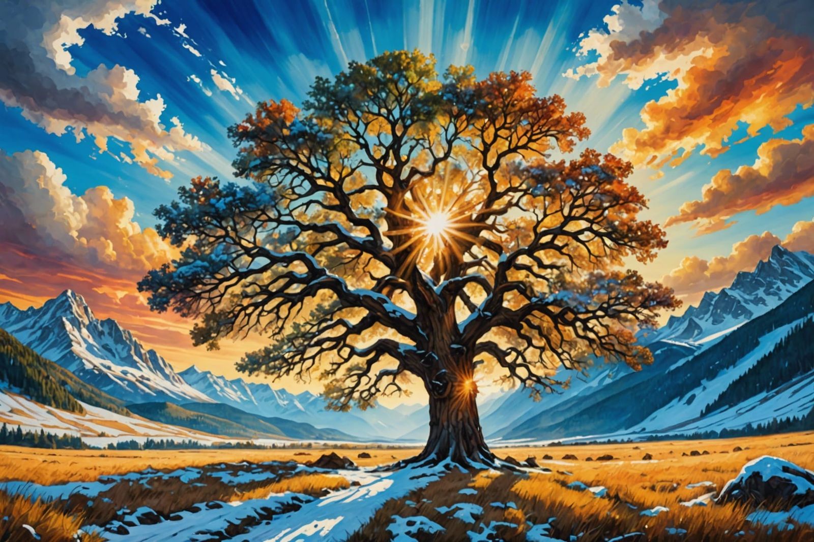 Ancient Oak Tree and Snow Mountains in Rustic Palette