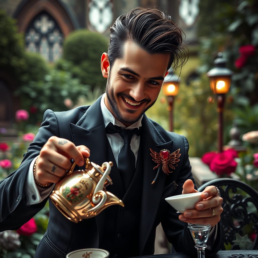 Gothic Gentleman Serves Tea in a Haunting Garden