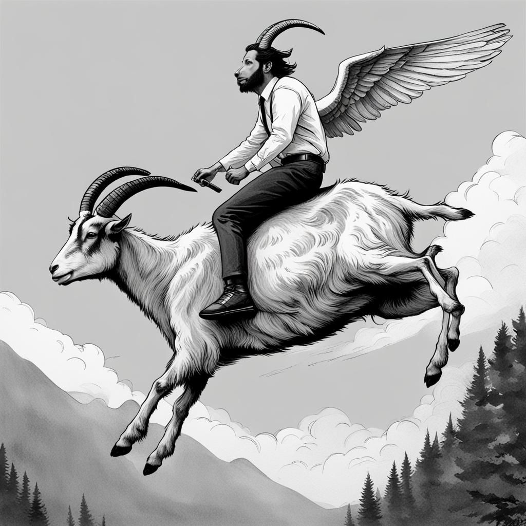 Goat Rides Flying Person in Surreal Scene