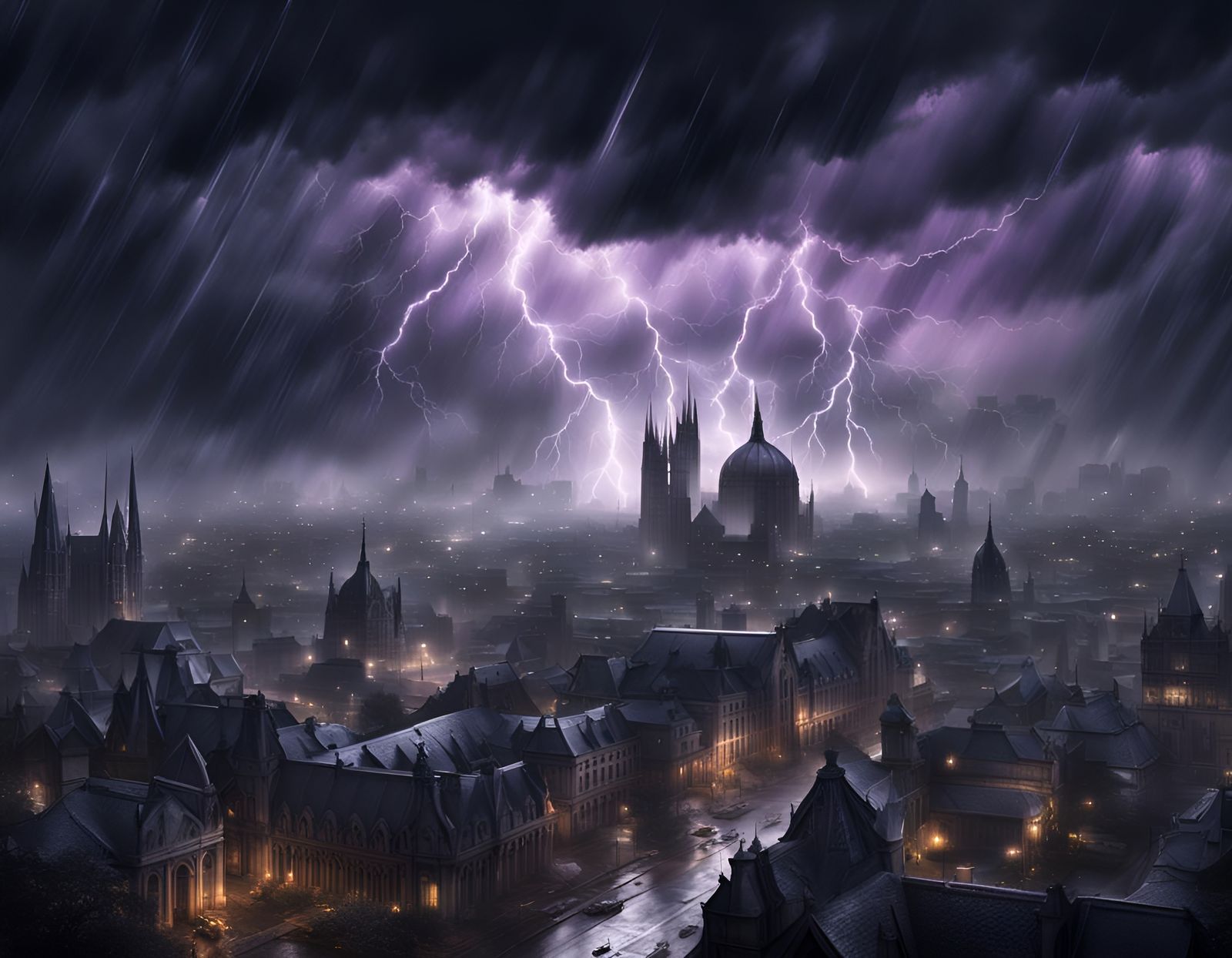 Gothic City Under Storm Clouds with Lightning