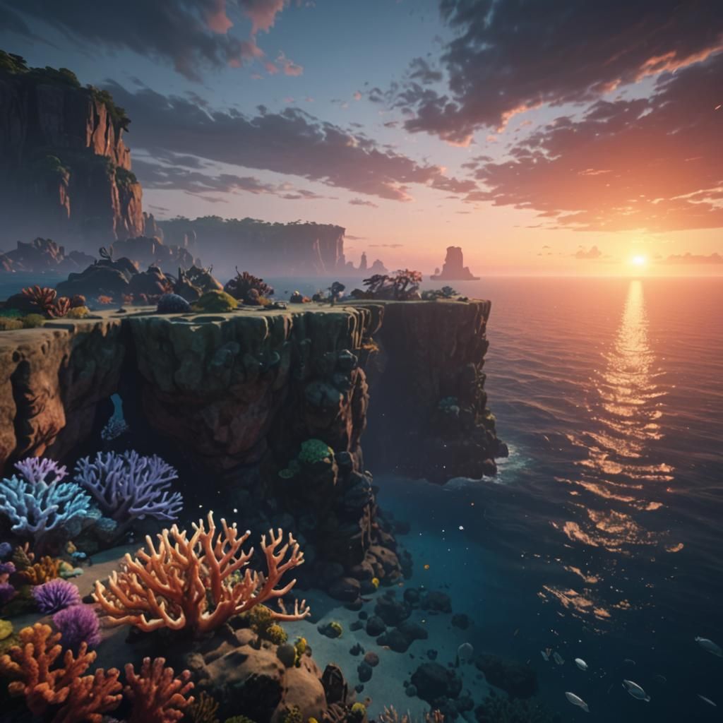 Underwater Sunset Scene with Corals in 3D Render