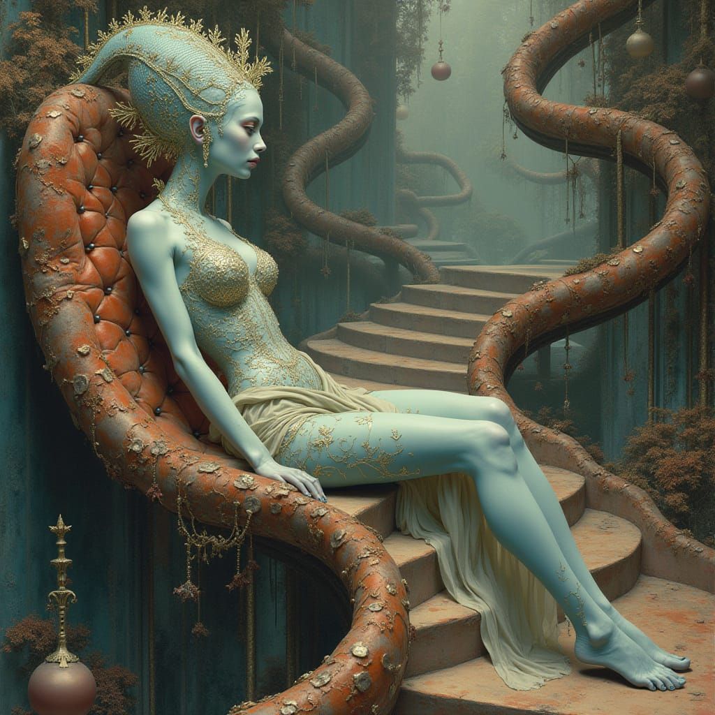 Surreal Alien Princess Ascends Infinite Staircase in Opulent...