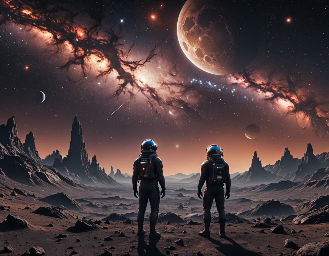 Boy on Alien Moon Gazing at Galaxy