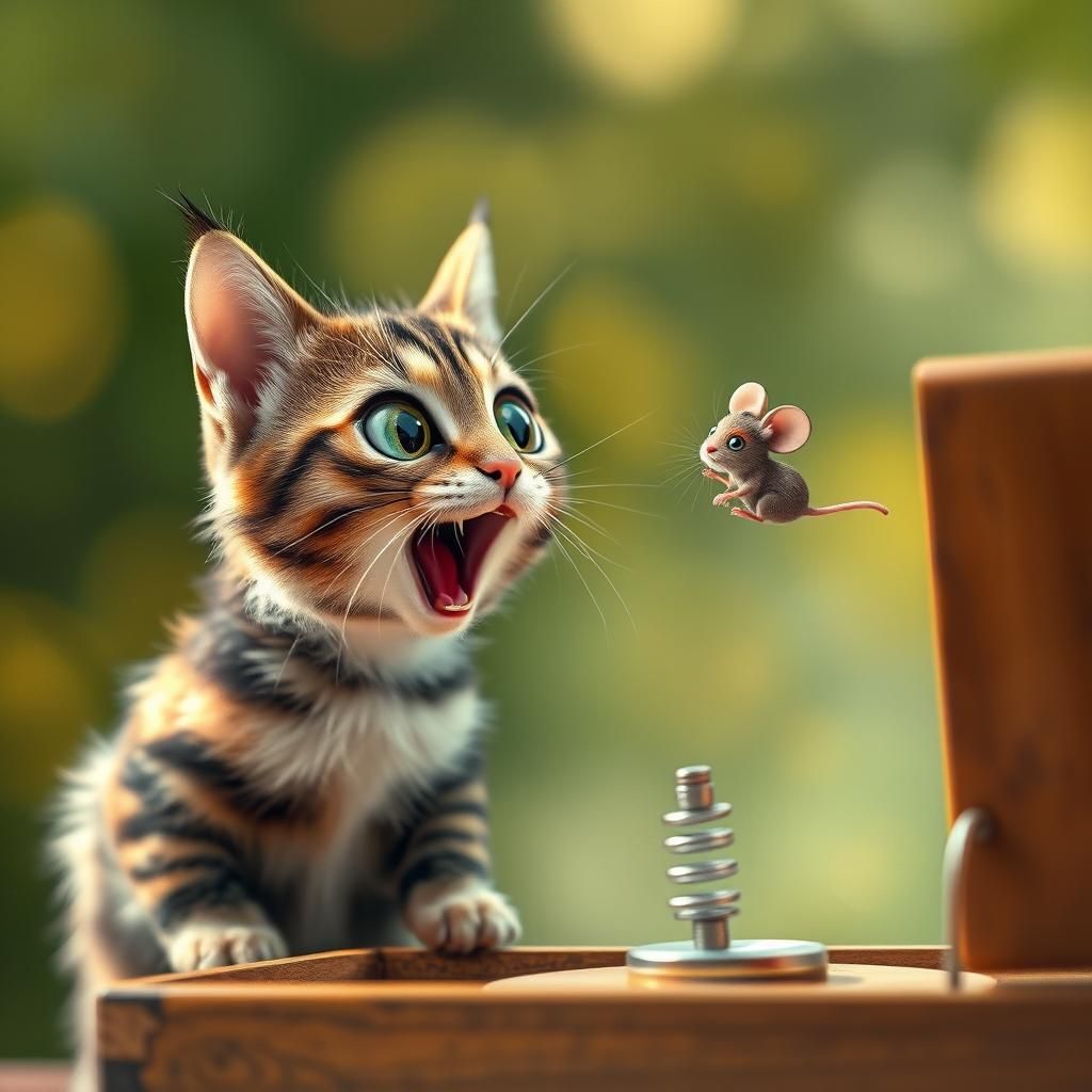Astonished Tabby Cat and Jack-in-the-Box Mouse