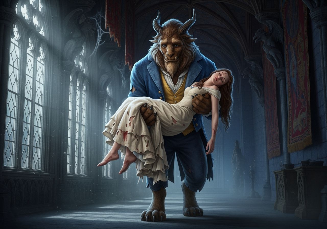 The Beast Carries Belle Through Gothic Castle Corridor
