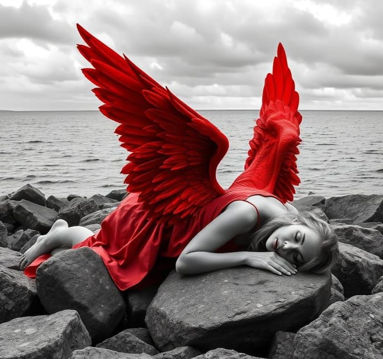 Fallen Angel with Red Wings in Grayscale