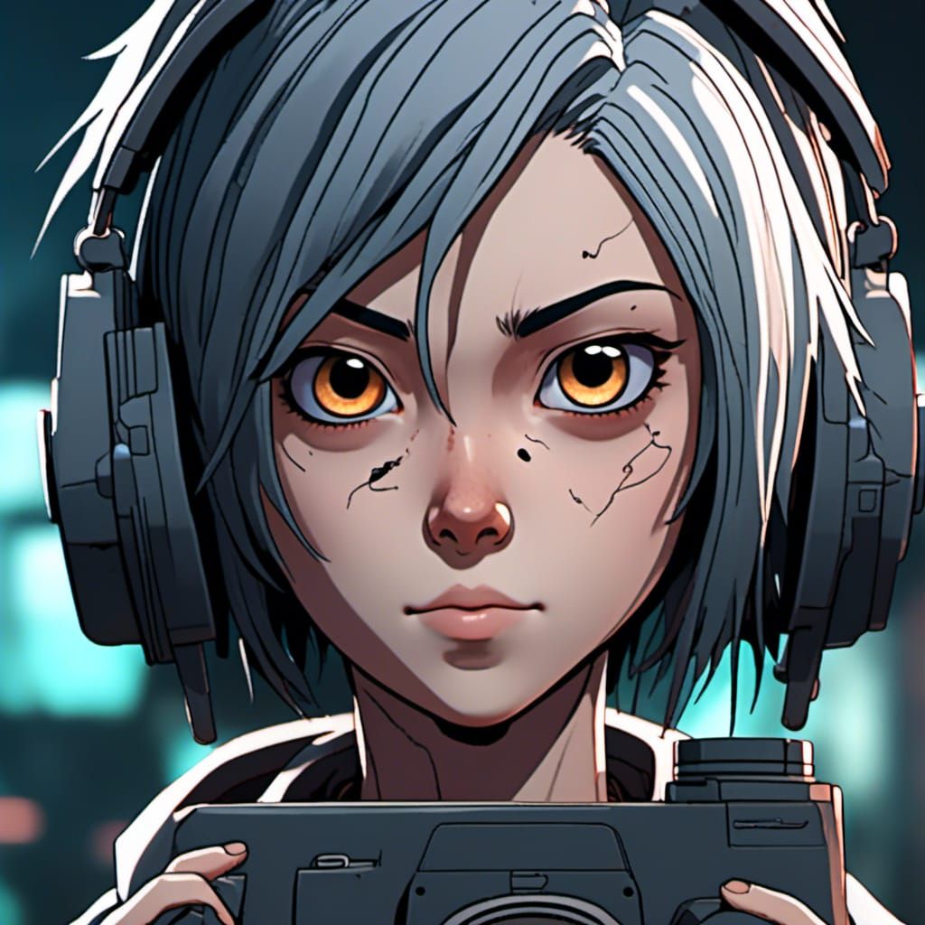 Cyberpunk Anime Person with Camera, Digital Art