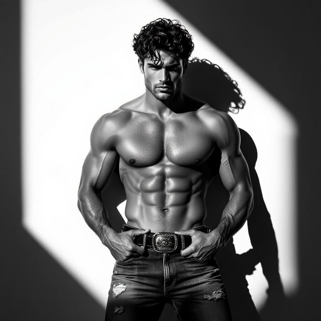 Muscular Man in High-Contrast Black and White Portrait