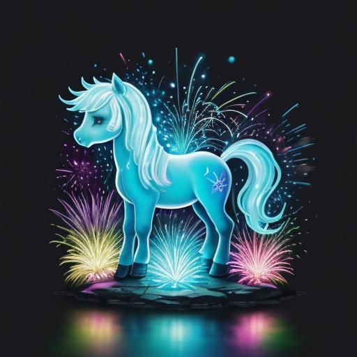 Bioluminescent Chibi Pony in Fireworks Garden