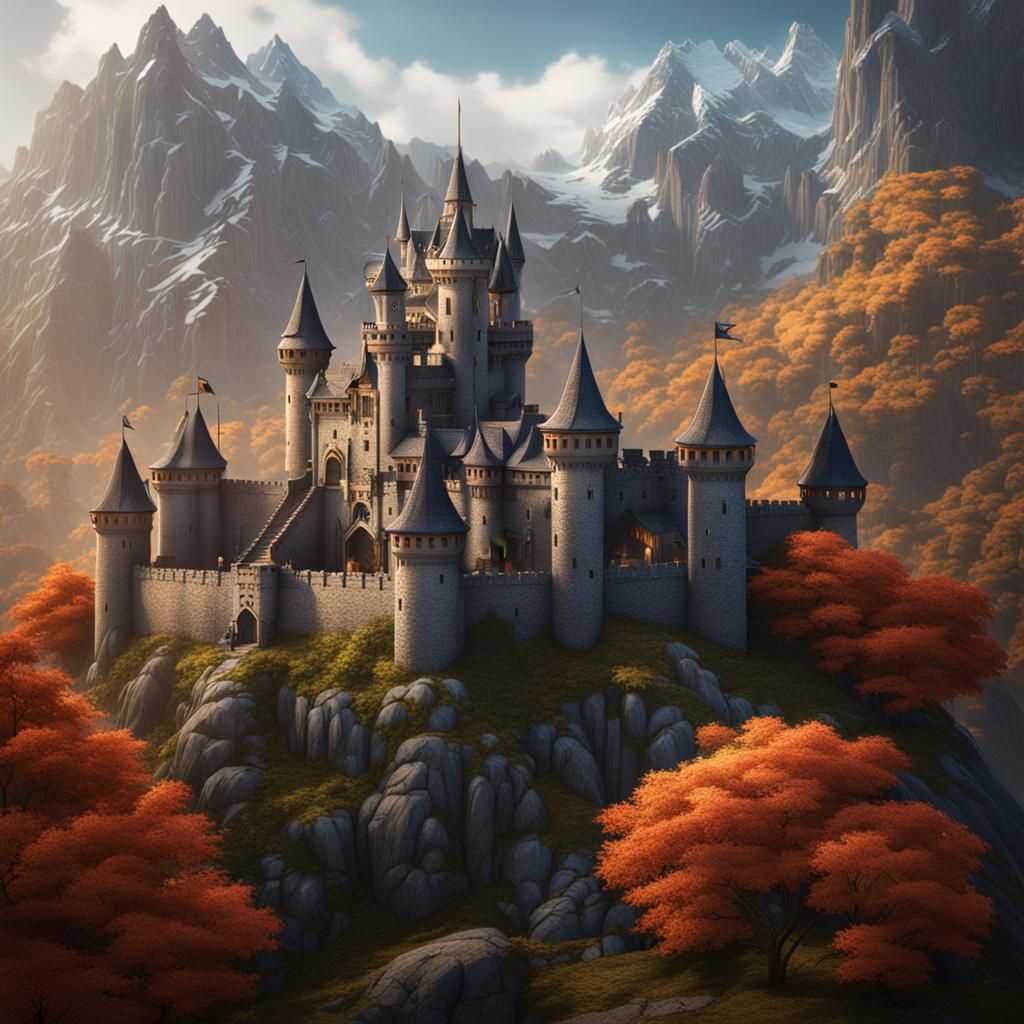 Mountain Castle: Detailed Matte Painting in 8K