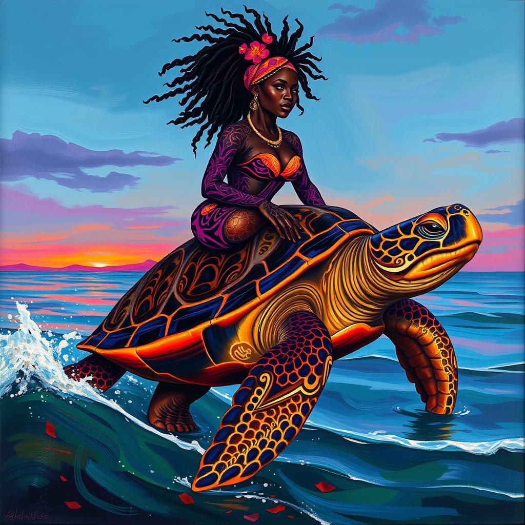 Woman Rides Turtle with Tribal Tattoos as Expressionist Pain...