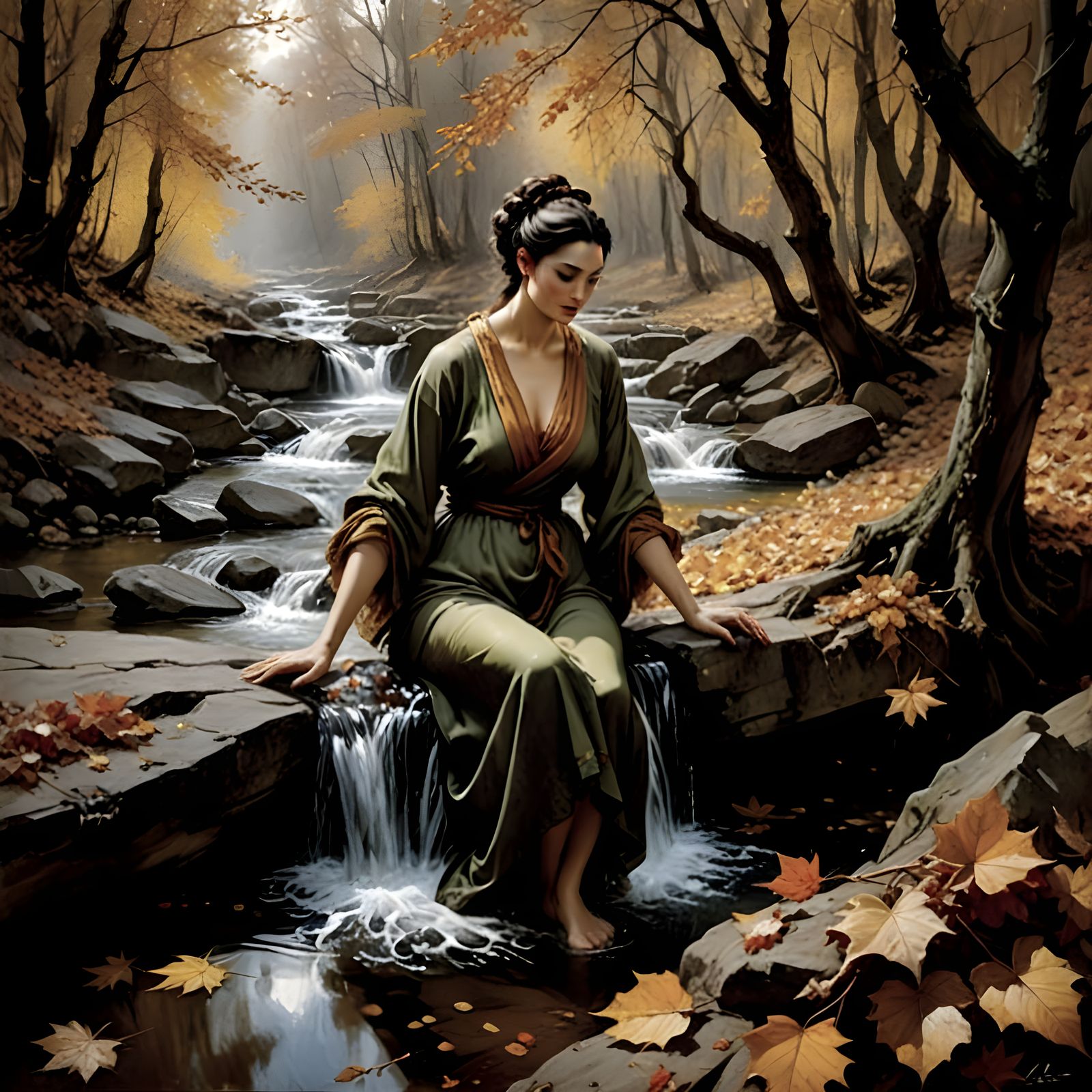 A women bathing her feet in the brook